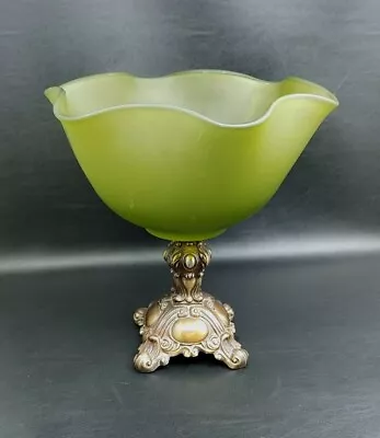 Buy Vintage Frosted Green Glass Footed Bowl Ruffled Edge Mid Century Art Nuevo 10.5  • 28.81£