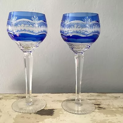 Buy Bohemian Crystal Overlay Hock Wine Glasses - Blue And Clear Glass • 32.99£