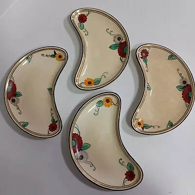 Buy Crown Devon Pottery Art Deco Half Moon Shaped 4 Side Plates Dishes Hand Painted • 35£