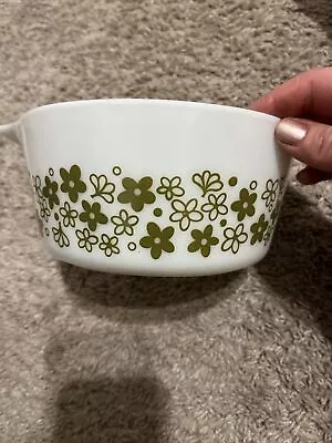 Buy Pyrex With Avocado Color Flowers #474-B 7.5 Inches Diameter With Handles • 10.57£