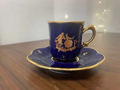 Buy Gorgeous Limoges France Cup And Saucer Demitasse Cobalt Blue Gold Courting Scene • 26.85£