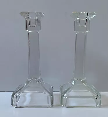 Buy Vintage Pair Candlesticks Art Deco Clear Pressed Glass Candle Holders Square • 20£