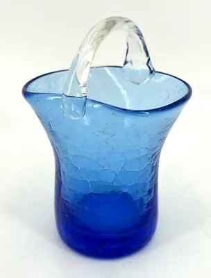 Buy Crackle Glass Basket Vase Mini Blue Art Glass 4.5  Tall Vintage • 11.39£