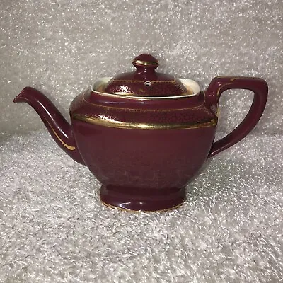 Buy Hall China Teapot 6 Cup Hollywood Gold Trim Burgundy Maroon Made In USA Vintage • 19.21£