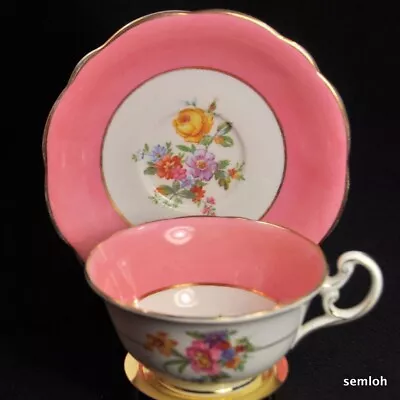Buy E Brain Foley Footed Cup Saucer Floral Sprays Bold Pink Bands Gold 1930-1936 HTF • 54.92£