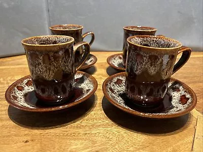 Buy 4 Vintage Fosters Studio Pottery Coffee Cups, Saucers Honeycomb Drip Glaze • 12.90£