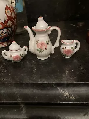 Buy Antique Miniature Rose Pattern Tea Set. 3” Tea Pot & 1.5” Creamer & Sugar Bowl • 19.29£