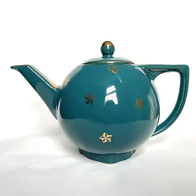 Buy Vintage Depression Ware Hall China 6 Cup Teapot #0740 STAR Gold Turquoise • 52.04£