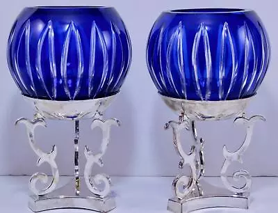 Buy Fabulous Bohemian Art Glass Cobalt Cut ToClear Crystal Votives Candle Holder Set • 47.25£