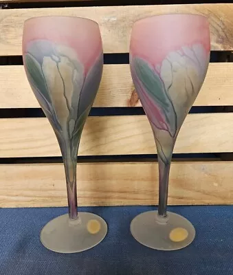 Buy Set Of 2 Nouveau Art Glass Handpainted By Reuven Frosted Stemmed Wine Glasses • 23.04£