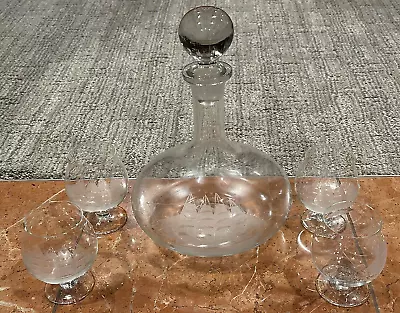 Buy Clipper Ship Nautical Etched Snifter Cordial Glasses & Decanter Stopper Vintage • 105.41£