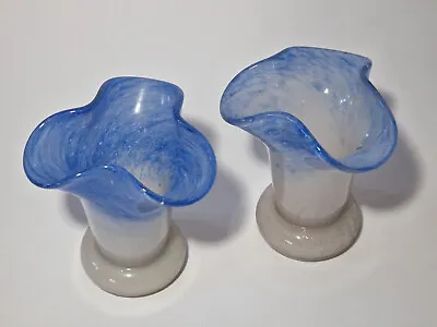 Buy Pair Of Signed Vasart Scottish Art Glass Vases - Blue - Wavy Rim • 35£