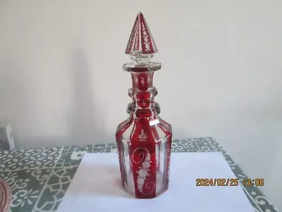 Buy Antique Bohemian Ruby Flashed Etched Red Cut To Clear Glass Decanter A/F. • 5.99£