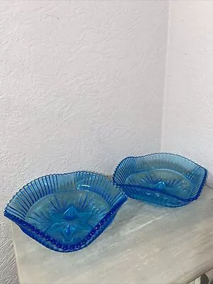 Buy Vintage Sowerby Blue Glass Frilled Bowl X2 17cm Square • 12.99£