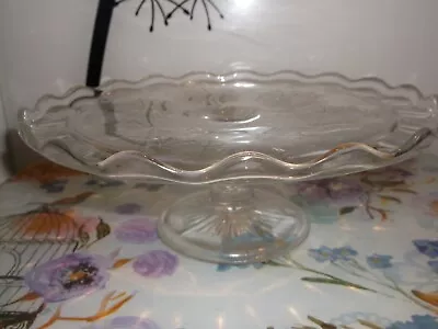 Buy VINTAGE PRETTY CLEAR CUT THICK GLASS SCALLOPED STEM BASE CAKE STAND Vgc • 16£