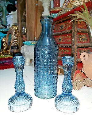 Buy Set Of  Three  Blue Coloured Glass Candle Holders With Matching Bubbled Vase • 25.99£