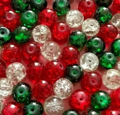 Buy Christmas Bead Mix Glass Crackles Red Green Clear Festive 6mm 8mm • 2.75£