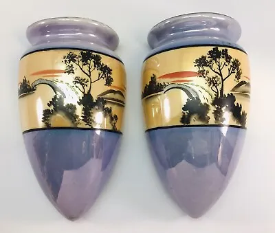Buy Lusterware Wall Pockets Set Of 2 Hand Painted Blue Gold Japan Vintage • 47.05£