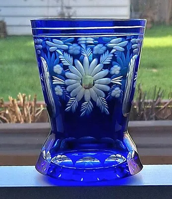 Buy ANTIQUE BOHEMIAN CZECH CASED  CUT CRYSTAL FLORAL ENGRAVED BLUE GLASS VASE C1900 • 39£