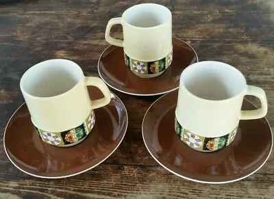 Buy Vintage 60s Set Of 3 Brown/Cream Carlton Ware Tapestry Coffee Cups & Saucers • 14.99£