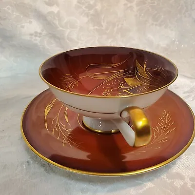 Buy Footed Cup & Saucer - H & Co Selb Bavaria Germany - Hand Ptd - Burgundy/Gold EUC • 15.37£