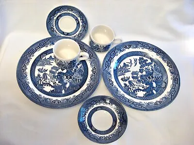 Buy 2 CHURCHILL BLUE WILLOW  3 Pc Dinner Sets 10.25  Plate Cup Saucer England • 28.46£