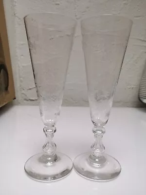 Buy Pair Of Victorian Etched Champagne Flutes With Cut Glass Stems . • 12£
