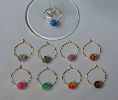 Buy 9 Wine Glass Markers Rings Gold With Multi Coloured Crackle Beads • 5.25£