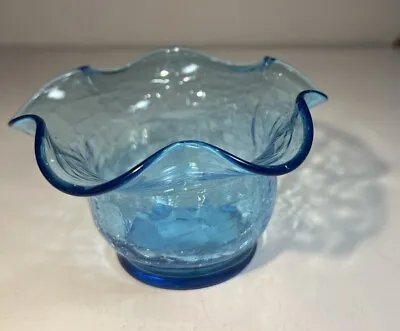 Buy Vintage Small Hand Blown Blue Crackle Glass Bowl With Wavy Top 5”x 3 “ • 14.41£