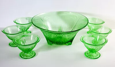 Buy Hazel Atlas Royal Lace Uranium Green Depression Glass Dessert / Sherbet Set 7pc • 65£