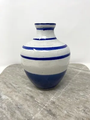 Buy Blue White Striped Speckled Glazed Signed Studio Potter Vase 5.5  Heavy • 20.97£
