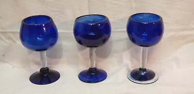 Buy Hand Blown_ Cobalt Blue Glass Drinkware_ 3- Excellent Condition 6 1/2” Tall • 28.91£