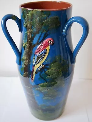 Buy Torquay Pottery Vintage Parrot In Relief Three Handle Tall Deep Blue Vase • 15£