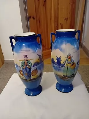 Buy Pair Vintage Porcelain Double Handled Mantle Vases W/dutch Man And Woman • 150£
