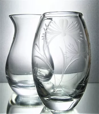 Buy 2 Lovely Medium Sized (1 Plain 1 Decorated) Lead Crystal Cut Glass Vases - 18 Cm • 15£