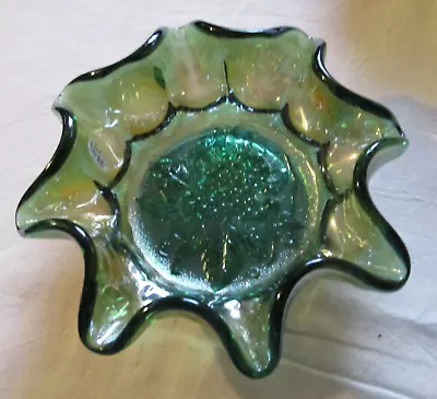 Buy Antique Imperial Carnival Glass Green 7.” X 2 1/2  Pattern #700 Heavy Grape Bowl • 18.99£