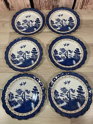 Buy Booths Real Old Willow Luncheon Plate X6 A8025 Blue White Gold Edge 9 3/4  • 38.95£