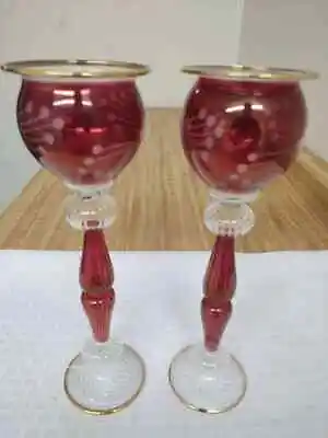 Buy Vintage Cranberry Flashed Glass/clear Footed Candle Votive; Pair. • 42.68£