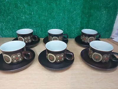 Buy 6 X Vintage Denby Pottery - Arabesque -  Tea Cup Teacups And Saucers 1965 • 60£