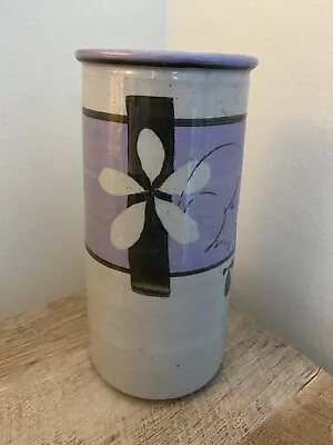 Buy Art Pottery Vase Purple Gray Floral Design Handmade Utensil Holder  9” Retro • 22.68£
