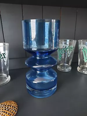 Buy Vintage Riihimaki Lasi Oy Blue Hooped Vase - Scandinavian Tamara Aladin (70`s) • 38£