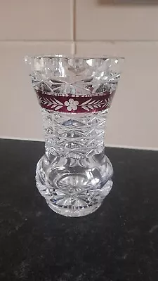 Buy Vintage Bohemia Lead Crystal Red And Clear Small Etched Glass Vase Czech • 19.99£