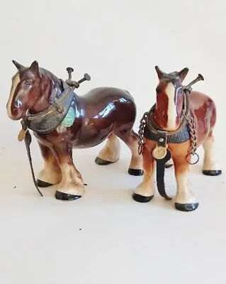 Buy 2 Vintage Melba Ware -Light & Dark Brown- Shire Horses Ceramic Figurine/Harness • 19£