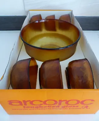 Buy Vintage ARCOROC 7 Piece Glass Fruit Bowl Set SIERRA Amber Colour In Original Box • 25£