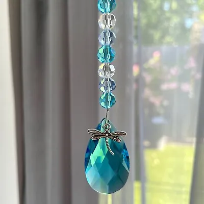 Buy New Dragonfly ~  Turquoise Blue Hanging Sun Catcher  ~ Teardrop Glass Crystal • 7.95£