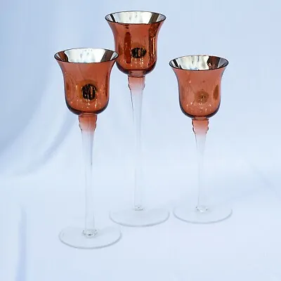 Buy Set Of 3 Tall Glass Large Candle Holders Centrepiece Tea-Light Copper Top Linear • 15.95£
