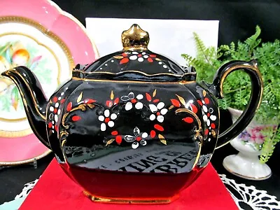Buy SADLER  Black Teapot England 1940s Full Size Tea Pot Cube Shape Painted Floral  • 94.79£