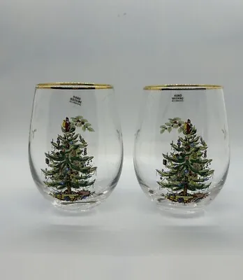 Buy Spode Christmas Tree Set Of Two Stemless Water Wine Glasses Bnib Winter Advent • 24.99£