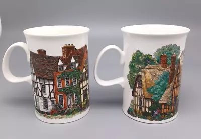 Buy 2 DUNOON Country Cottage Hamlets Mugs Porcelain Scotland Flowers Black Cat Dog • 20.08£