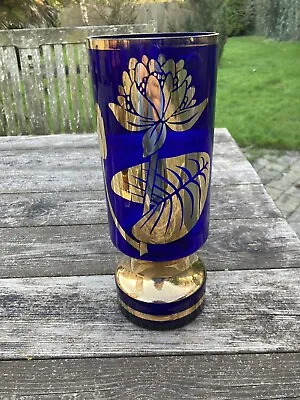 Buy Large Cobalt Blue Glass Vase Thistle Gilded 11  Vintage Gold Lily And Lily Pad • 14.99£